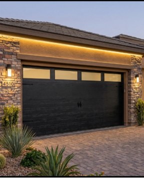 Black modern garage door installed on a Las Vegas home