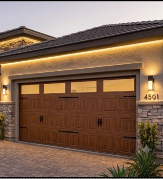 Wood look carriage garage door on a Las Vegas home
